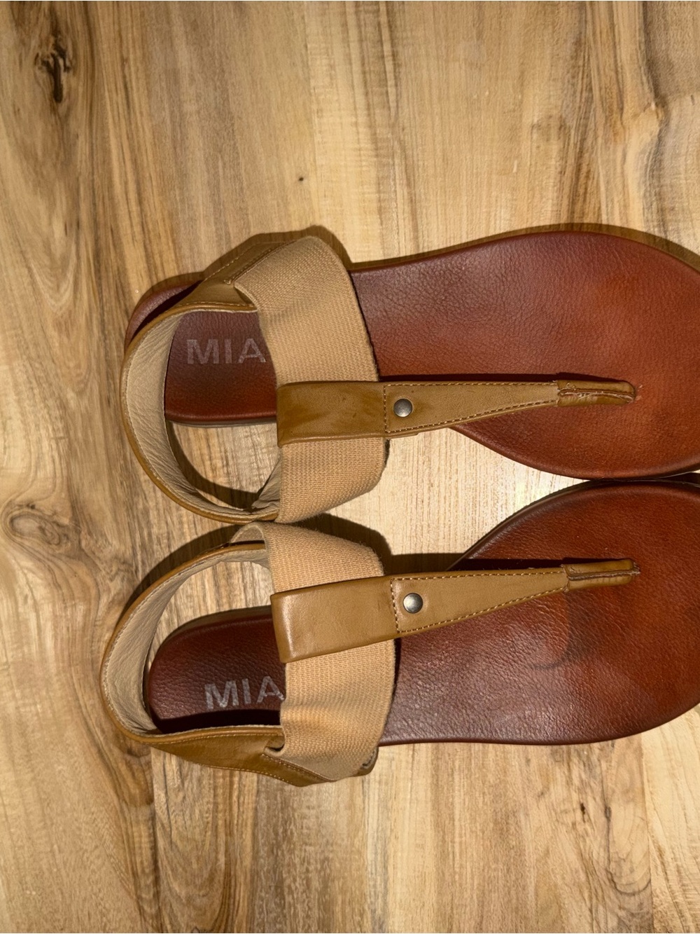 MIA Tan and Brown Leather Thong Sandals